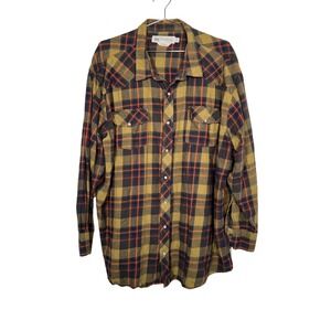 Brown Orange Plaid Button Up Classic Fit Western Pearl Snap Flannel Shirt 3XL